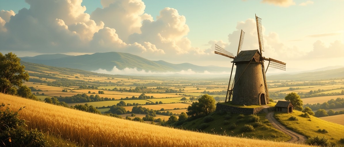A tall stone windmill stands on a grassy hill overlooking a vast valley of patchwork fields and distant mountains under a cloudy blue sky.