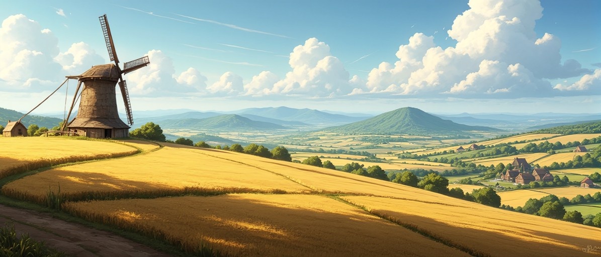 A rustic wooden windmill stands on a hill overlooking golden wheat fields and rolling green mountains under a cloudy blue sky.
