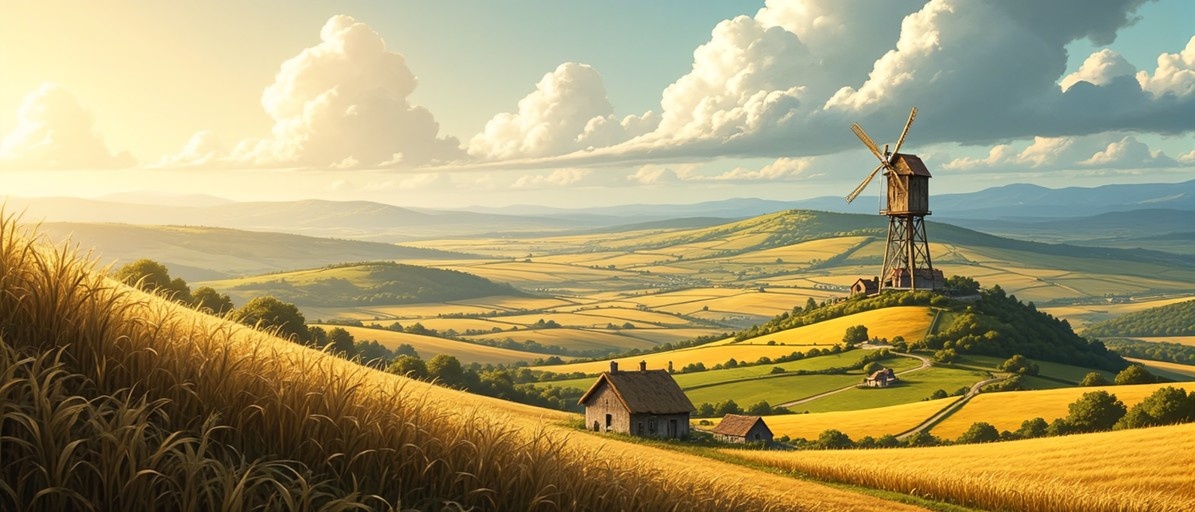 A digital painting of a vast rural landscape with golden wheat fields in the foreground and rolling green hills stretching to the horizon. A wooden windmill stands on a hill to the right, overlooking small stone houses under a bright sky filled with large white clouds.