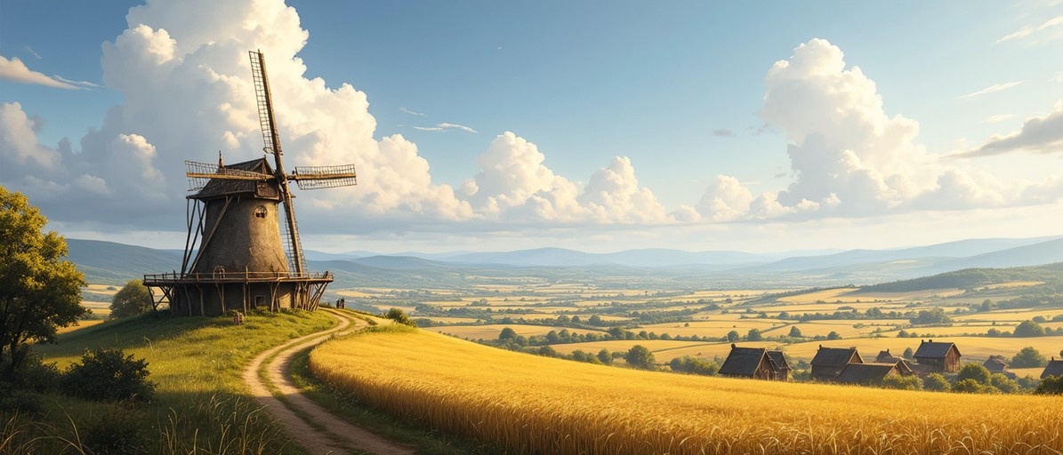 A wooden windmill stands on a grassy hill overlooking golden wheat fields and distant mountains under a cloudy blue sky.
