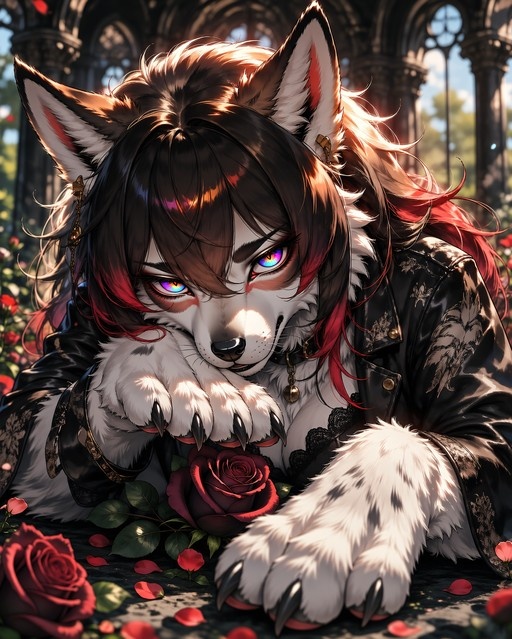 A digital illustration of a white-furred wolf girl with multicolored eyes and red-streaked hair resting among red roses in a sunlit garden.