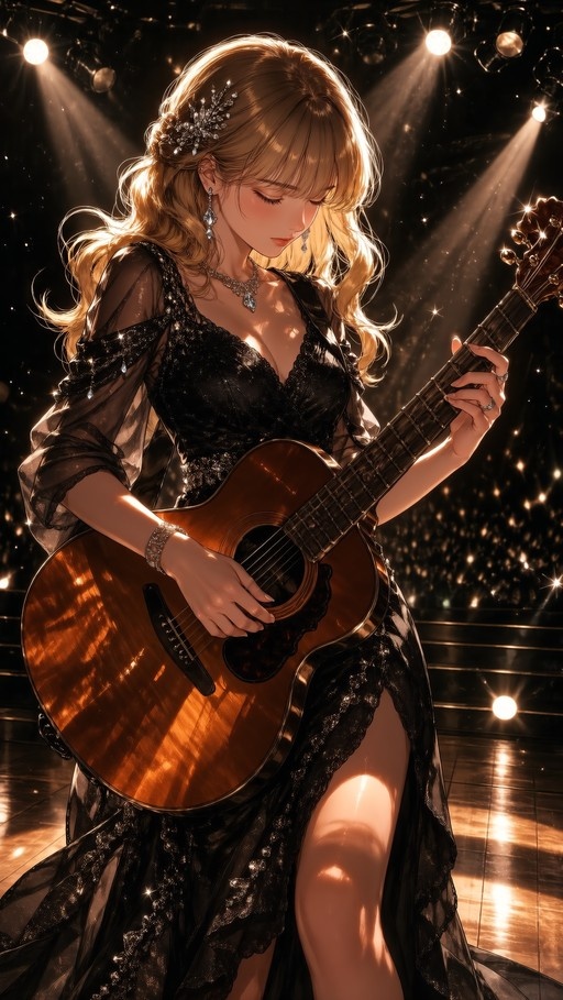 A blonde woman in a black dress plays an acoustic guitar on a stage under bright spotlights, her eyes closed and wearing elegant jewelry.