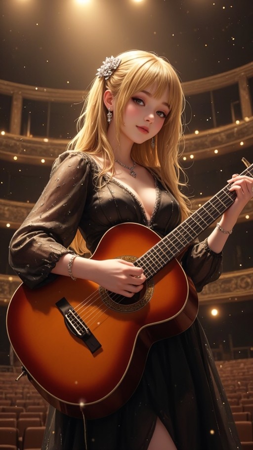 A blonde woman in a black dress holding an acoustic guitar inside a large theater with tiered seating and warm lights.