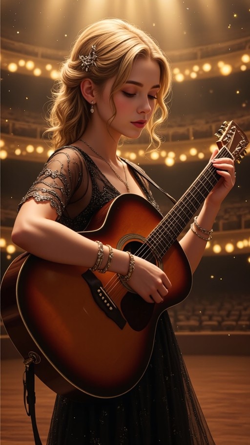 A blonde woman in a black dress plays an acoustic guitar on a brightly lit stage.