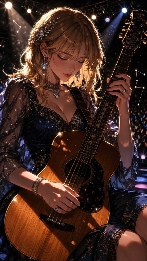 A blonde woman in a blue dress plays an acoustic guitar on stage under spotlights with a constellation background.