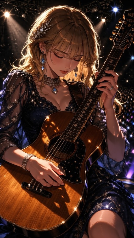 A digital illustration of a blonde woman with closed eyes playing an acoustic guitar on stage under spotlights, wearing a blue dress and jewelry.