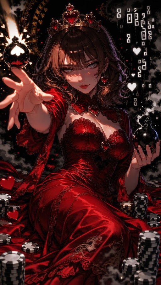 A woman in a red dress and crown reaches out while holding an orb amidst poker chips and smoke