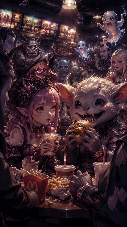 A pink-haired elf girl drinks from a cup while a furry white monster eats a burger at a table full of fast food, surrounded by goblins and floating ghosts in a restaurant.
