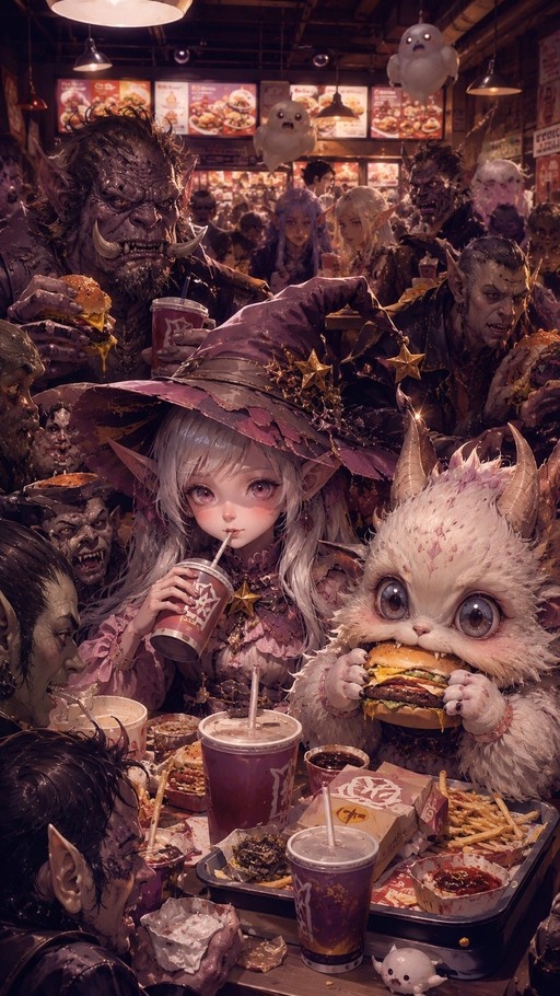 A detailed digital illustration of a young woman with white hair and pointed ears wearing a large purple witch hat, drinking from a cup at a table surrounded by various fantasy monsters eating burgers and fries in a busy restaurant.