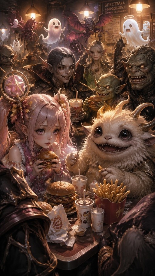 A pink-haired girl with twintails holding a burger sits at a table with a fluffy white horned monster and other fantasy creatures like vampires and goblins in a restaurant.