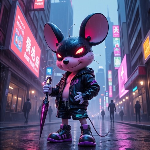 A stylized 3D mouse character with glowing red eyes stands on a wet street holding an umbrella amidst neon signs.