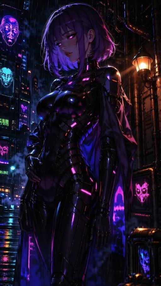 A female cyborg with short purple hair and glowing eyes stands in a rainy cyberpunk city street, wearing a shiny black bodysuit and cape.