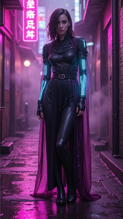 A cyberpunk woman with glowing blue mechanical arms stands in a rainy alley with pink neon signs, wearing a black outfit and purple cape.