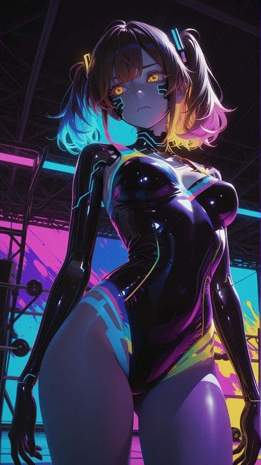 Anime girl with multicolored twintails and glowing yellow eyes wearing a shiny black cyberpunk bodysuit on a neon-lit stage.