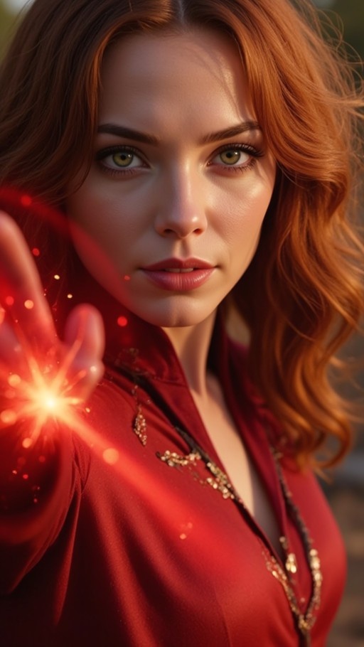 A close-up of a red-haired woman with green eyes reaching forward to hold a bright red magical spark.