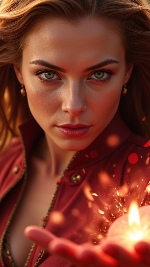 A realistic portrait of a woman with long brown hair and green eyes in a red jacket holding a small flame in her open palm.