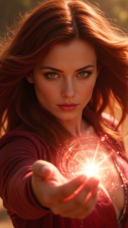 A realistic digital illustration of a woman with long brown hair and green eyes reaching forward to hold a swirling ball of magical fire energy in her hand.
