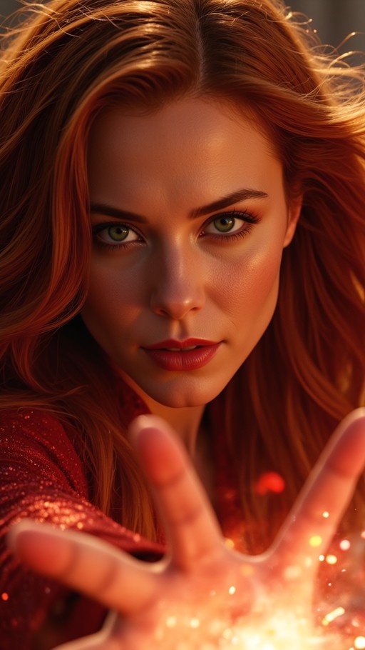 A realistic close-up of a woman with long reddish-brown hair and green eyes reaching her glowing, spark-filled hand toward the viewer.