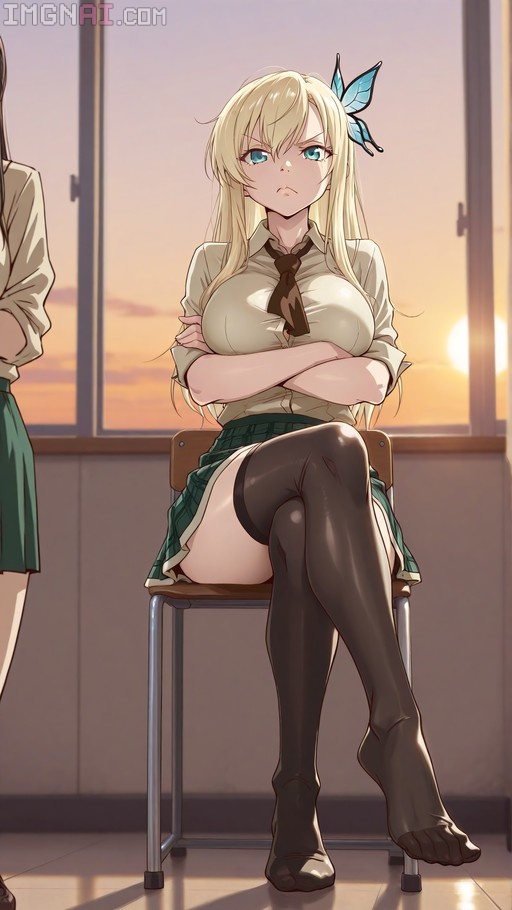 Kashiwazaki Sena in a school uniform sits on a chair with crossed legs and arms against a warm sunset background.