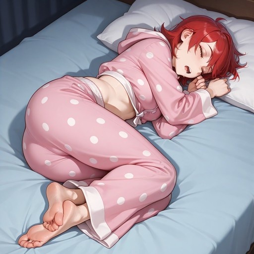 A red-haired anime girl in pink polka-dot pajamas sleeps on her side on a bed with blue sheets, showing her bare feet.