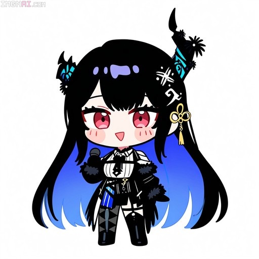 A full-body chibi illustration of Nerissa Ravencroft from Hololive, featuring her signature asymmetrical horns, black hair with blue gradients, red eyes, and a mole under her eye as she holds a microphone in a black and white outfit.