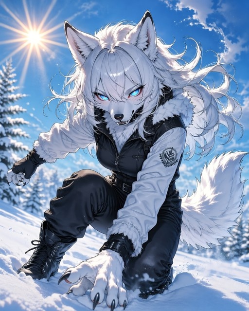 Anthropomorphic wolf girl with white fur and blue eyes kneeling in snow, reaching a clawed hand toward the viewer.