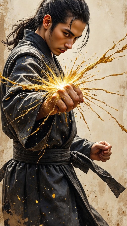 A young man with long dark hair in a ponytail wearing a black robe punches forward, creating a splash of golden liquid from his fist.