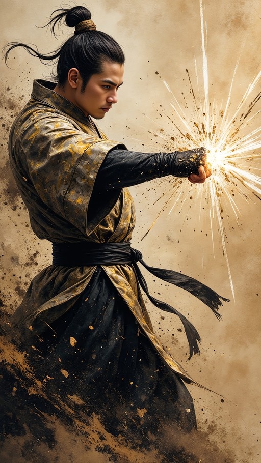 A realistic digital illustration of a male martial artist with a topknot striking forward with a glowing, energy-filled fist.