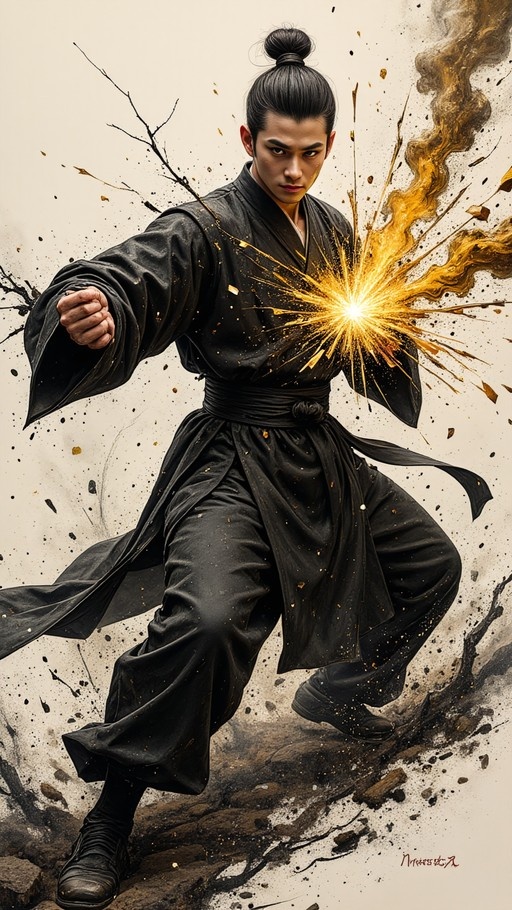 A young man with a topknot in black robes strikes a martial arts pose as golden energy bursts from his chest against an ink-splashed background.