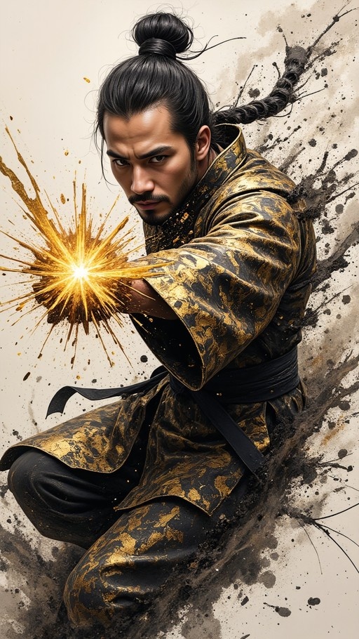 A man with a topknot and beard in a black and gold robe crouches in a fighting stance, projecting a burst of golden energy from his hand against an ink-splashed background.