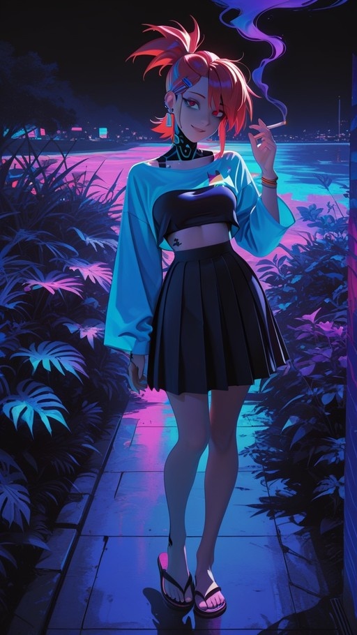 Full-body digital art of an orange-haired woman in a high ponytail, wearing a black crop top, blue shrug, and pleated skirt, holding a cigarette on a tropical path at night with neon lighting.
