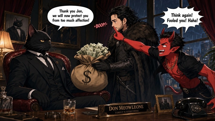 A red-skinned demon playfully pokes Jon Snow's nose while he holds a bag of money for Don Meowleone, a large black cat in a suit sitting at a desk.
