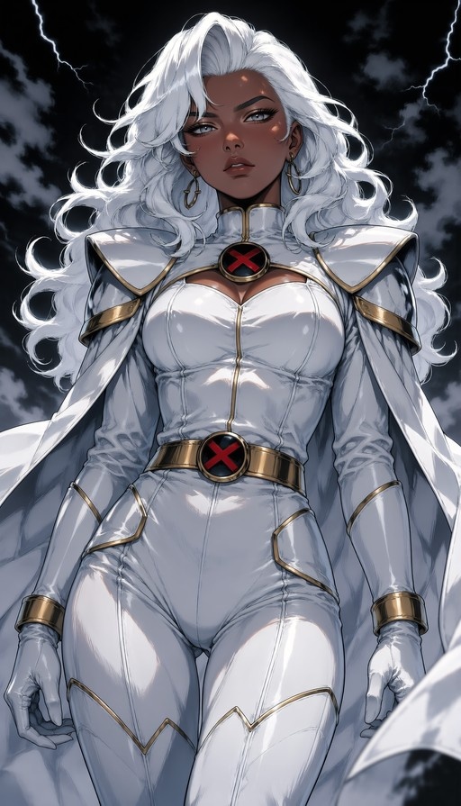 Storm from X-Men stands in a white bodysuit with gold trim and a red 'X' logo against a stormy sky.