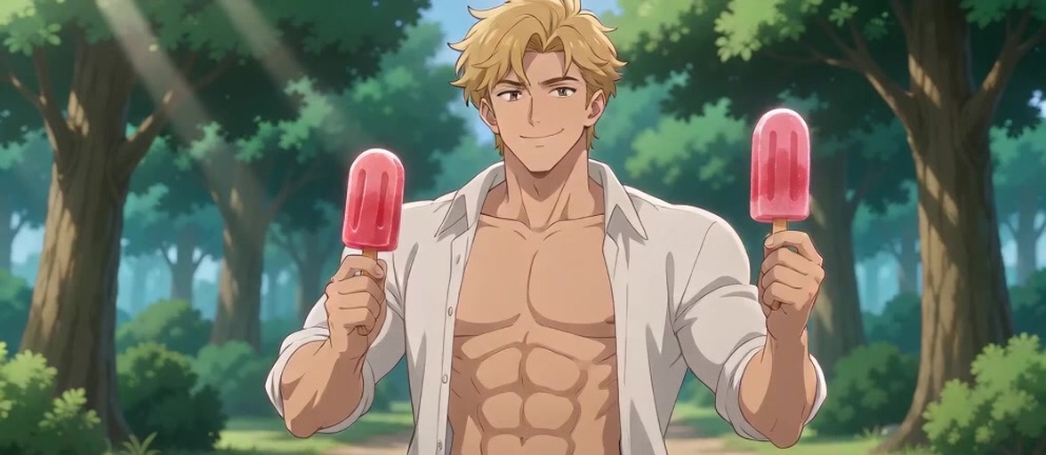 A muscular elf with pointed ears stands in a sunlit forest holding a popsicle while smiling at the viewer.