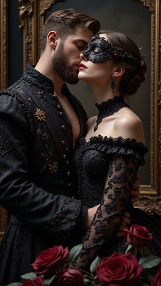 A man and woman in gothic attire embracing with red roses in the foreground.