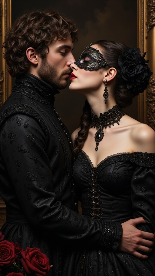 A man and woman in black formal masquerade attire leaning in for a kiss, with the woman wearing a decorative eye mask and a large black flower in her hair.
