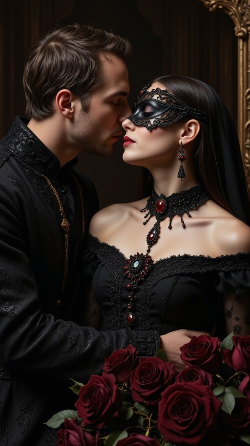 Close-up portrait of a couple in black masquerade attire sharing a romantic moment with a bouquet of red roses.