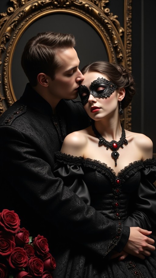 A man in a black jacket kisses the forehead of a woman wearing a black masquerade mask and an off-the-shoulder black dress with red accents, standing before a gold mirror with red roses nearby.