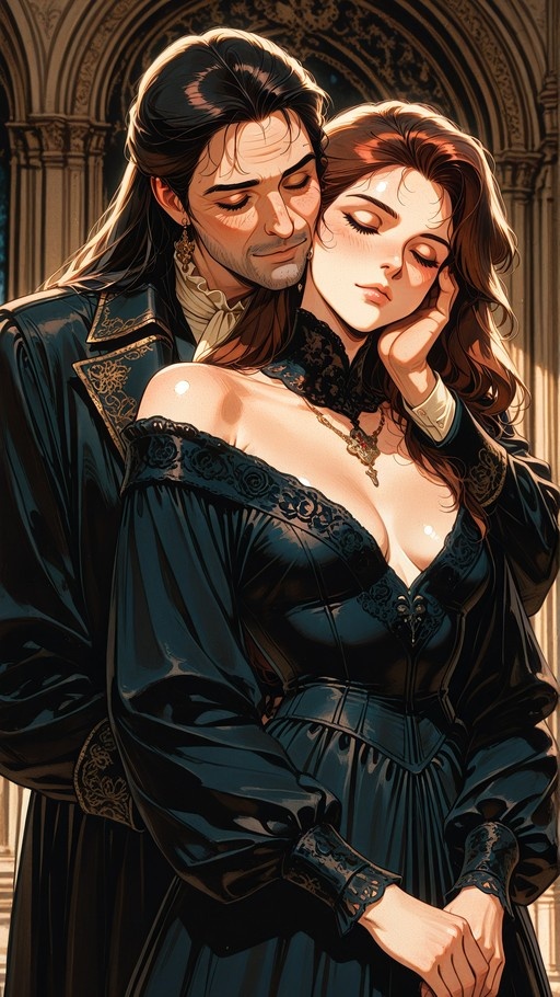 A digital painting of a man with long dark hair embracing a woman in a black off-the-shoulder dress inside a cathedral, both with eyes closed.