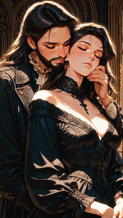 A bearded man with long dark hair gently holds the face of a woman with her eyes closed; she wears an elegant black lace dress while he wears a formal coat.