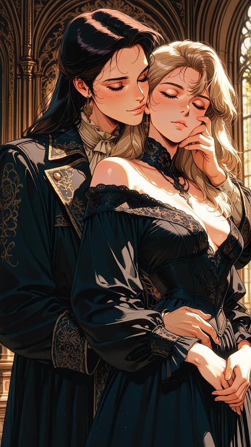 Two women embracing in a sunlit church, one with dark hair holding the face of a blonde woman, both wearing elegant black dresses and closing their eyes.