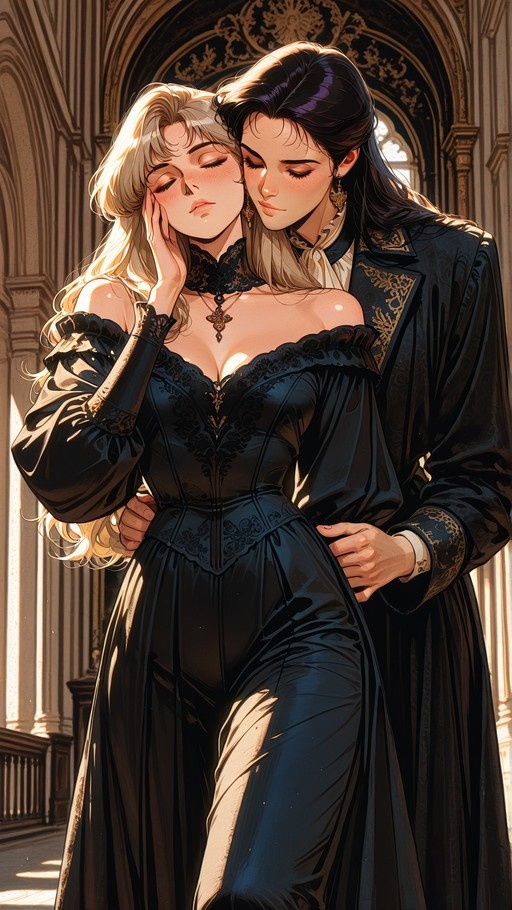Two women in black gothic dresses embrace with closed eyes inside a sunlit cathedral.