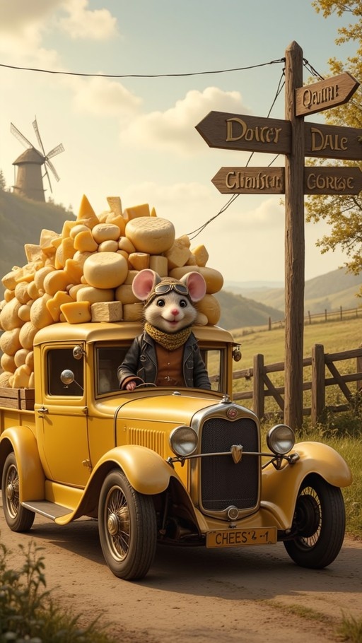 An anthropomorphic mouse in a leather jacket and goggles driving a yellow vintage truck filled with cheese near a windmill.
