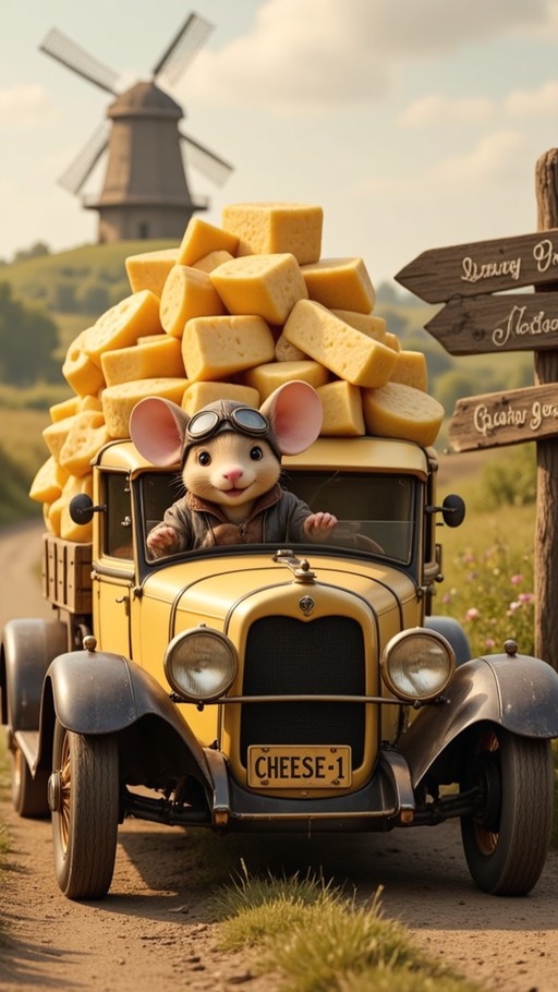 A cute mouse wearing aviator goggles drives a vintage yellow truck piled high with blocks of cheese past a rural windmill.