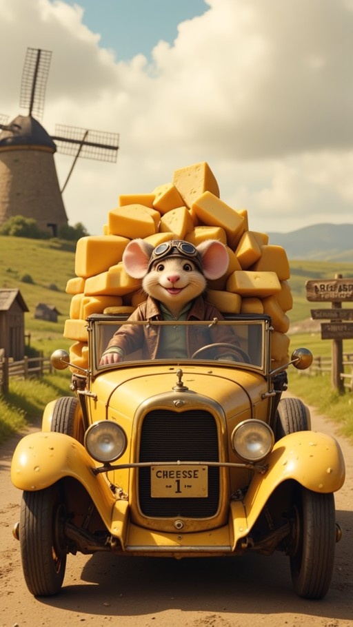 An anthropomorphic mouse wearing aviator goggles drives a yellow vintage convertible filled with blocks of cheese past a windmill.