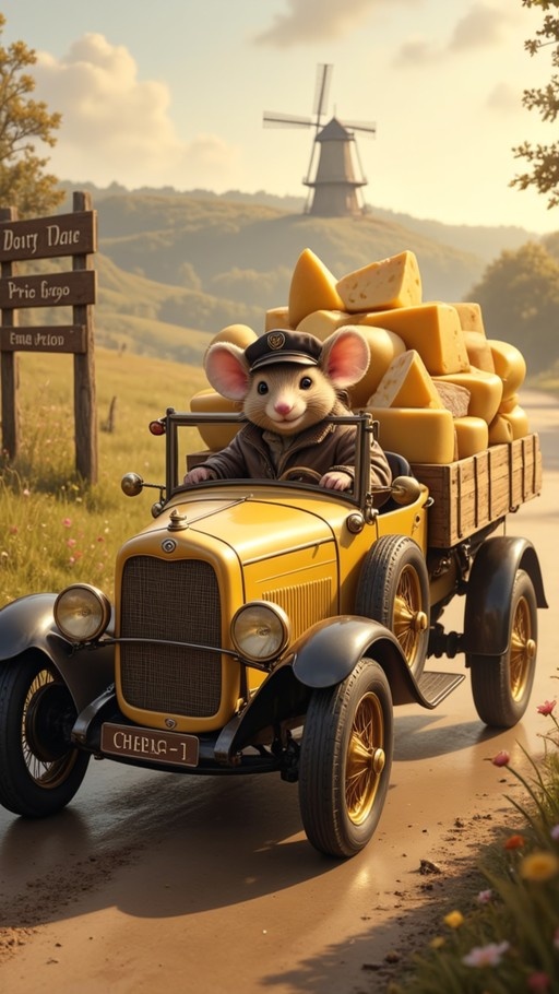 A cute anthropomorphic mouse wearing a cap drives a vintage yellow truck loaded with cheese wedges on a country road near a windmill.