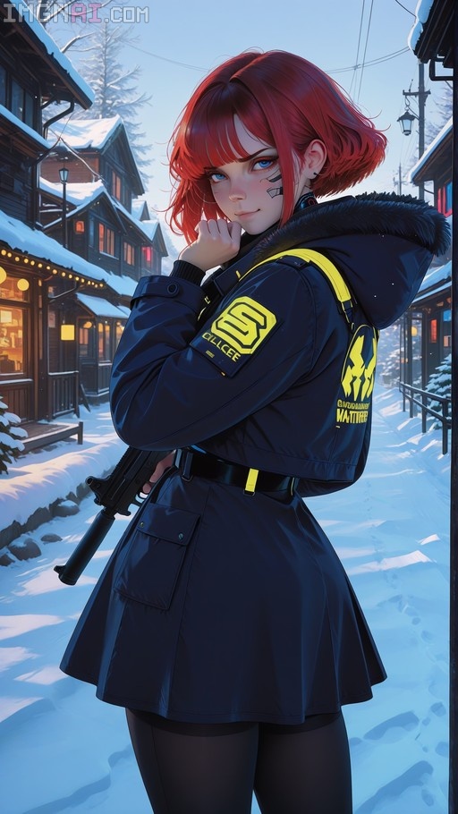 A red-haired anime-style woman in a dark blue winter coat stands in a snowy village street holding a submachine gun behind her back.