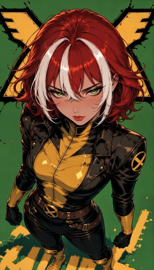 Rogue from X-Men wearing a yellow bodysuit and black leather jacket with an X-Men logo