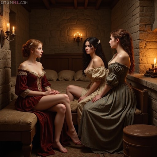 Three young women in period dresses sit barefoot on a bed and bench in a candlelit stone room with a fireplace.