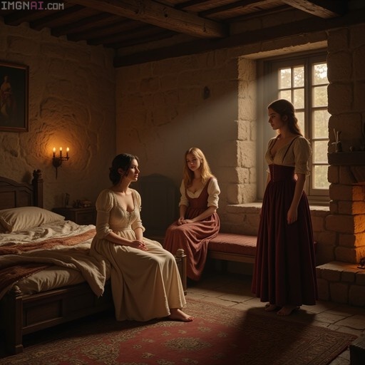 Three young women in long historical dresses inside a rustic stone bedroom with sunlight streaming through a window.